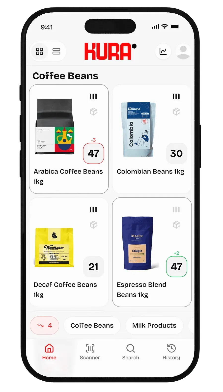 KURA inventory home screen